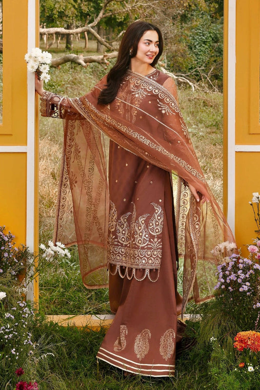 Simrans Chocolate Brown Royal Embroidered Eid Suit with Organza Dupatta – MTF2