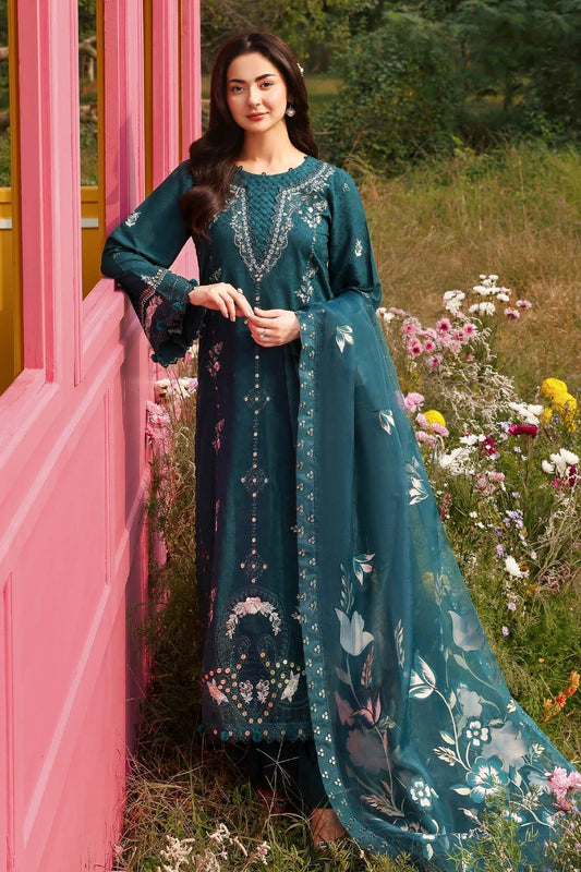 Emerald Teal Luxury Embroidered Eid Suit with Organza Dupatta – MTF1
