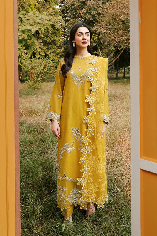 Mustard Gold Festive Embroidered Eid Suit with Organza Dupatta – MTF5